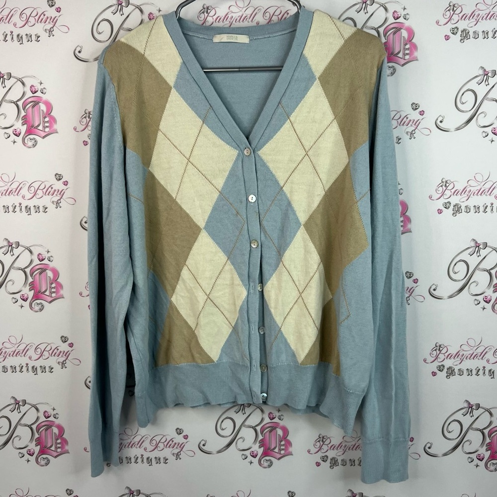 Marks & Spencer cardigan preppy button up Blue and Cream Argyle Sweater diamond